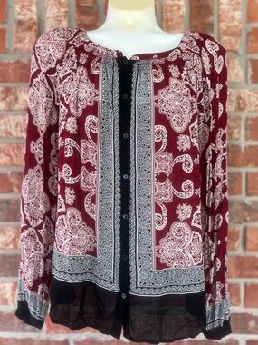 Lucky Brand Women’s Red & Black Sheer Long-Sleeve Button Down Boho Blouse L